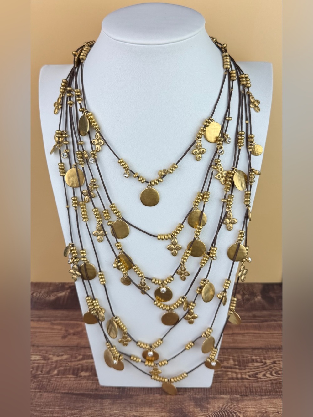 Bohemian Multi-Strand Cord Waterfall Necklace with Matte Gold Discs & Crystals